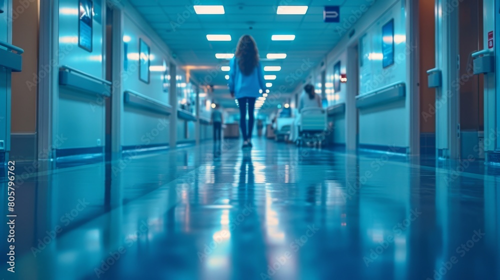 Hospital corridor interior background with doctor and patient, healthcare and medical technology concept. Blurring Boundaries: Healthcare and Technology in Hospital Corridor