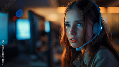 chica trabajando recibiendo llamadas en un call center   photo