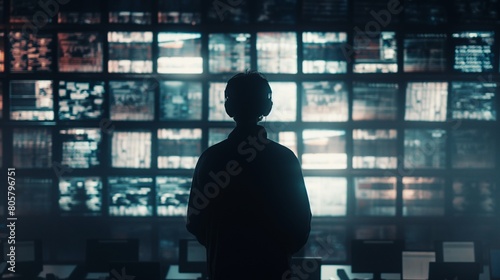 A shadowy figure silhouetted against a wall of computer screens, their identity concealed as they orchestrate a sophisticated hacking operation from the depths of the digital realm.