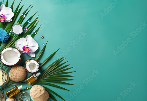 spa still life with towel and orchid , banner header with natural cosmetics ingredients of spa massage over green background