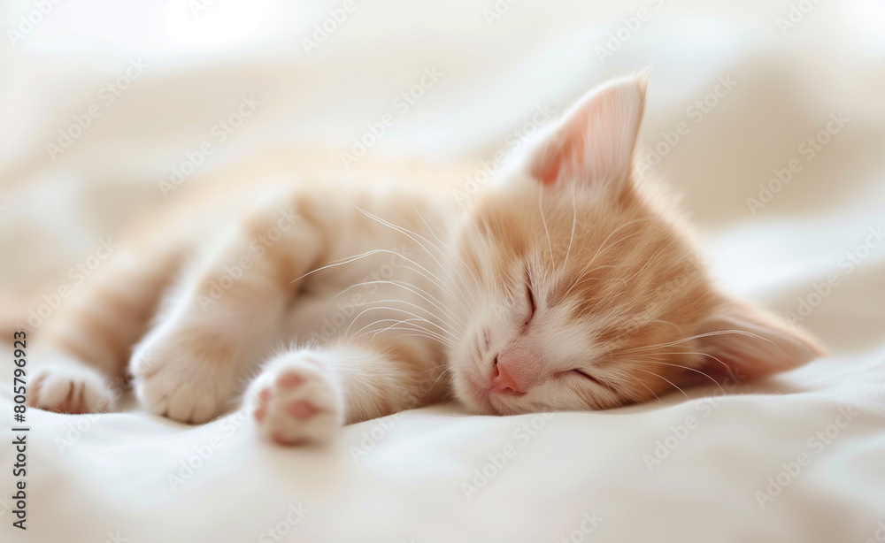 Sleeping Cute Cat. Young Animal Resting on Blue Background.