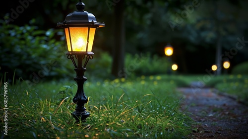  A lamp post, situated in a verdant park at night, casting bright light upon the grass