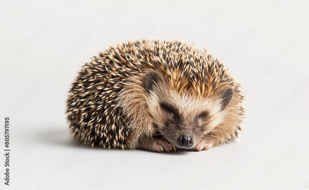 Fototapeta premium Sleeping Cute Hedgehog. Young Animal Resting on Blue Background.