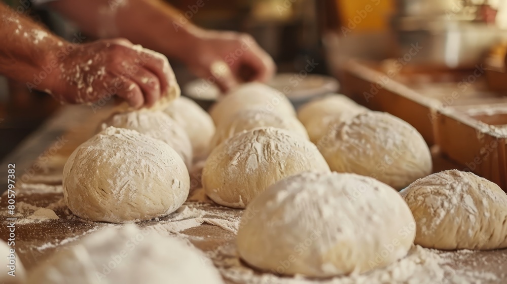 Fototapeta premium A person works dough balls on a wooden table, nearby sits a pan filled with doughnuts