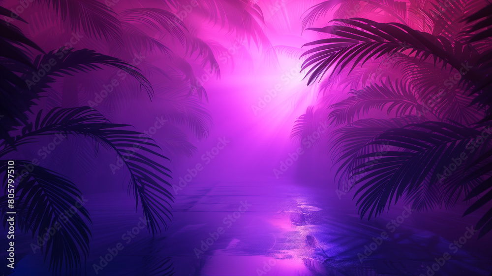 Tropical sunset silhouette with vibrant pink and orange gradient background. Empty copy space for silhouette dance. Landscape.  Generative AI