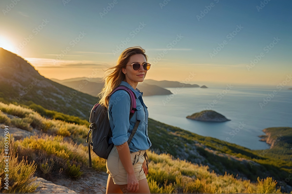 Beautiful Young Female Hiker with Light Blue Shirt Yellow Shorts Brown Hair Hiking Mountains Along Coast at Golden Hour Beautiful Young Female Hiker with Light Blue Shirt Yellow Shorts Brown Hair Hiking Mountains Along Coast at Golden Hour