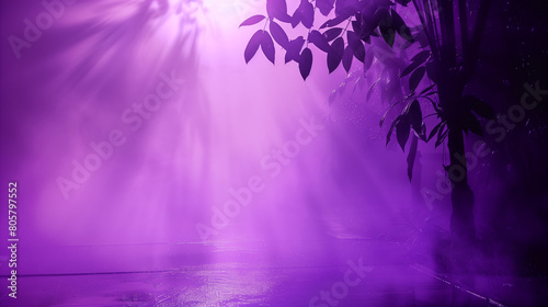 Mysterious purple forest with mist fog. Natural lights and shadows. Empty copy space for silhouette dance. Generative AI