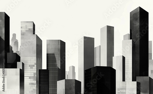 Minimalist cityscape where the buildings are represented by various geometric shapes like rectangles and squares  all in monochrome shades of gray or black.
