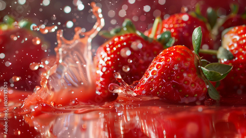 A cascade of ruby-red strawberries meeting a splash of tangy juice  captured in dynamic action  commercial quality. Ai generated