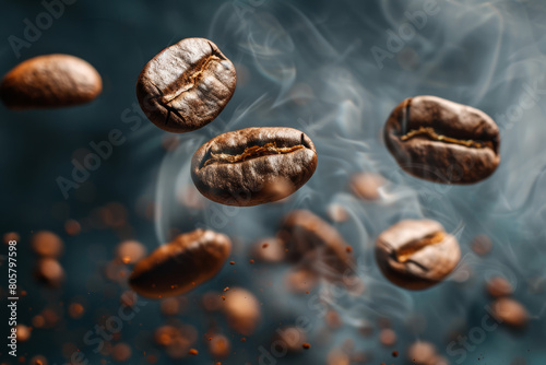 Coffee Beans in Flight Against Dark Backdrop