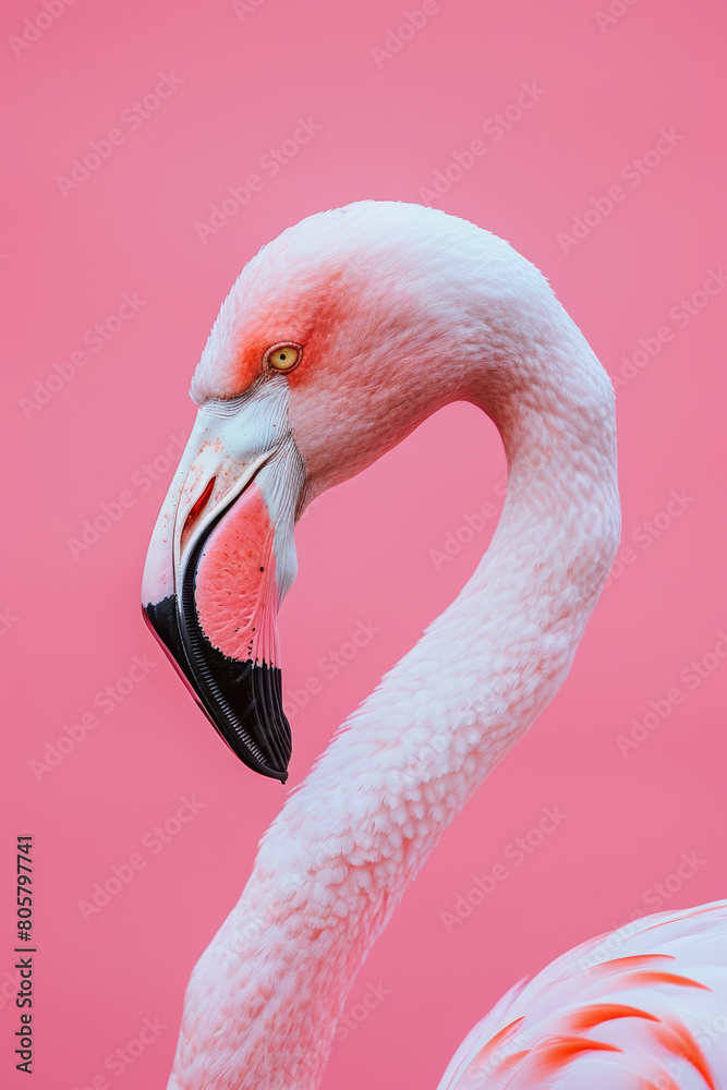 Naklejka premium Pastel Flamingo Portrait, Close-Up Profile Shot with Soft Lighting