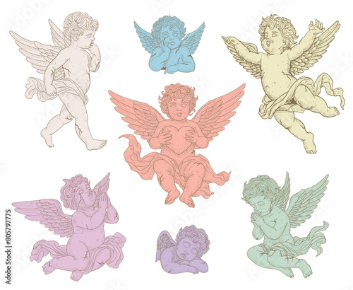 Antique Angel Baby Cupid illustration, Isolated Vintage cherub greek statues,retro little angels collection	,isolated on white background