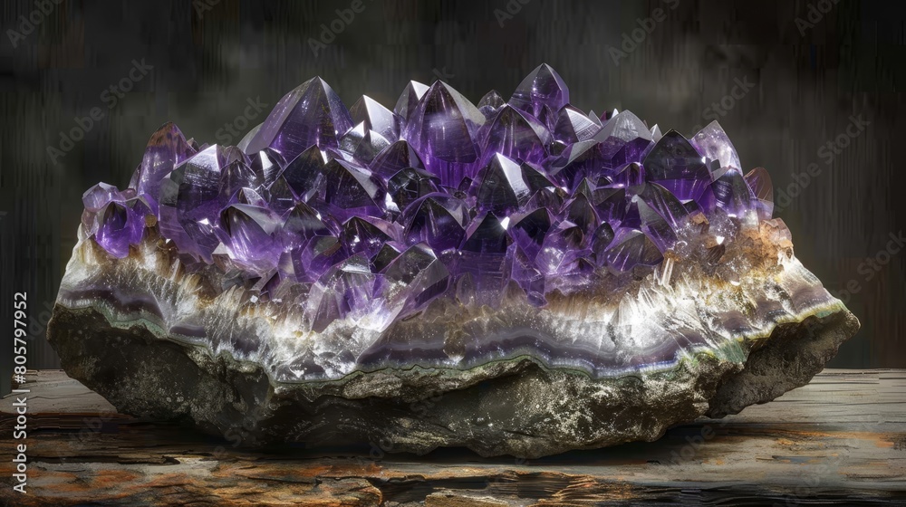 A cluster of amethyst crystals atop two wooden bases A cluster of amethyst crystals atop two wooden bases