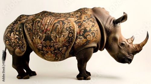 Powerful Rhino Embodies Elegance with Baroque Floral Pattern on Skin in Daylight Photography Generative ai