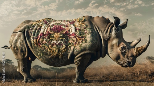 Majestic Rhino Adorned with Baroque Floral Design for Photography Generative ai