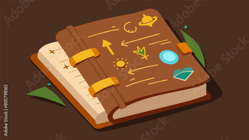 A worn leatherbound journal filled with handwritten notes and drawings of philosophical concepts and theories.. Vector illustration