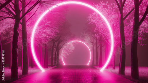 Surreal neon gateway in a misty pink forest. Abstract design. Empty copy space for silhouette dance. Generative AI