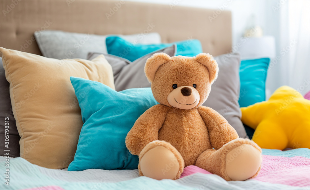 Cute Teddy Bear Sitting on a Bed. Teddy Tales. Cozy Companion in a Child's Room.