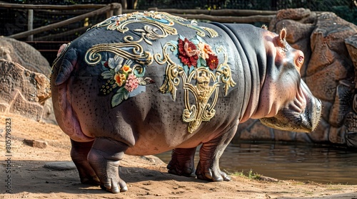Captivating Hippo Adorned with Intricate Baroque Floral Pattern in HighDefinition Photography Generative ai photo