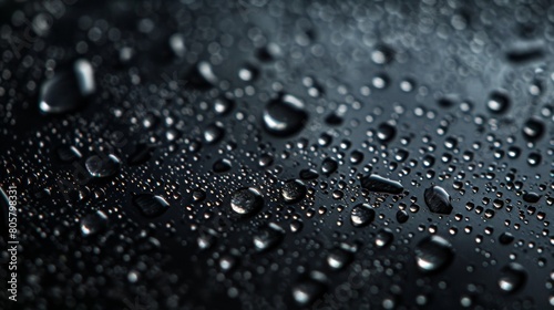 A closeup of raindrops on glass, with the background showing an abstract gradient of black and brown hues. The focus is on capturing intricate details in each droplet.