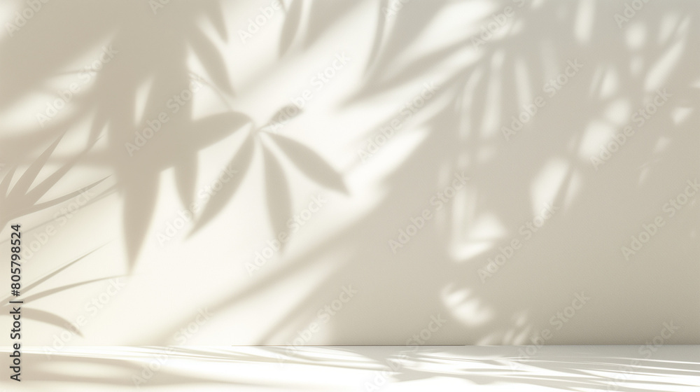 Stylish minimal white background with delicate leaf shadows on wall. Empty copy space for product presentation. Generative AI Stylish minimal white background with delicate leaf shadows on wall. Empty copy space for product presentation. Generative AI