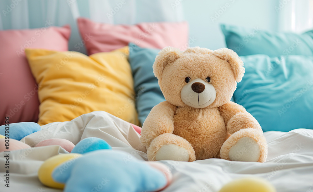 Cute Teddy Bear Sitting on a Bed. Teddy Tales. Cozy Companion in a Child's Room.