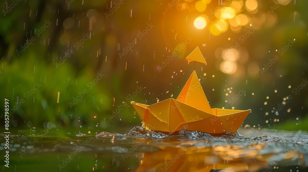   A yellow origami boat floats on a sunlit body of water before a forest