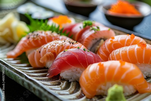elegant plating of sushi and sashimi traditional Japanese style 