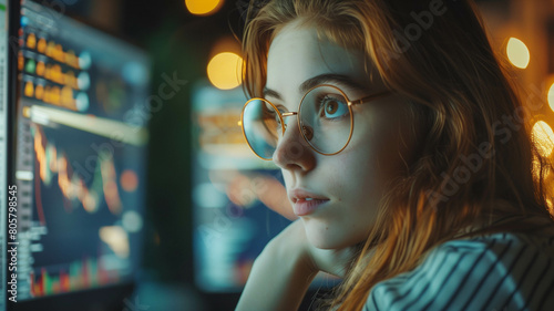 A high-angle view of a young analyst woman working from her cozy home office, surrounded by digital screens showing complex market graphs. Ai generated © Kiron