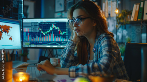 A high-angle view of a young analyst woman working from her cozy home office, surrounded by digital screens showing complex market graphs. Ai generated