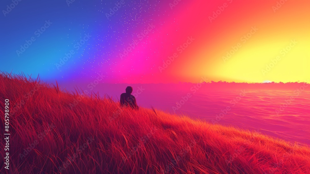   Person on grass-topped hill beneath rainbow, star-filled backdrop sky