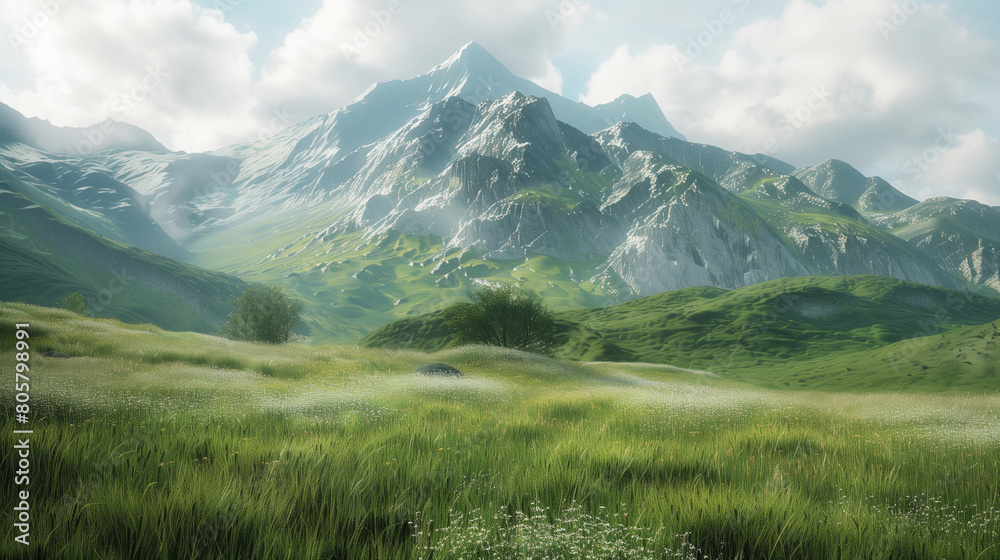 Huge mountains and wide green fields