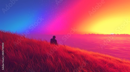   Person on grass-topped hill beneath rainbow  star-filled backdrop sky