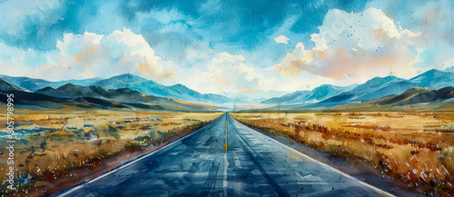 A painting of a road with mountains in the background