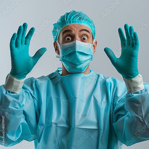 A shocked doctor in a surgical mask and gown, holding up gloved hands in surprise Ai generated