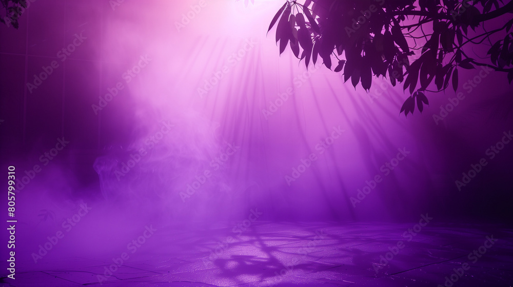 Mysterious purple forest with mist fog. Natural lights and shadows. Empty copy space for silhouette dance.  Generative AI
