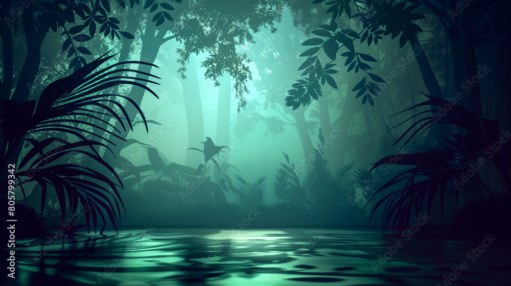 Mystical teal jungle with silhouetted foliage and serene water reflections.  Copy space. Generative AI