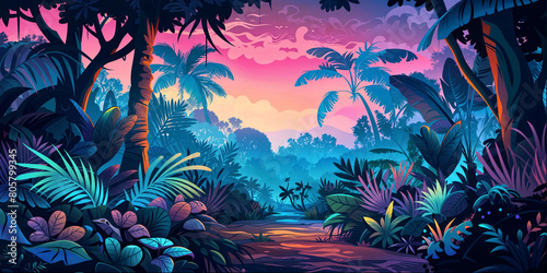 Fantasy Mysterious Tropical Forest Landscape Background Panorama Concept Drawing image HD Print Neo Game Art V11 30