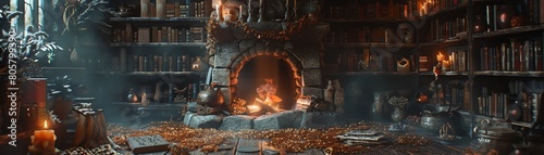 A hag nestled by the hearth, surrounded by mystical artifacts and ancient texts photo