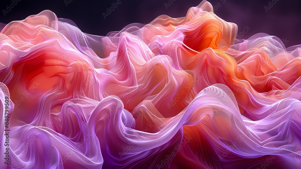   A black background bears a computer-generated wave of flowing fabric in pink, orange, and purple hues, with a red center positioned at its heart