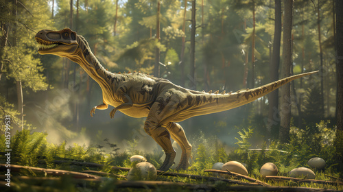 A dinosaur in the forest  like Allosaurus or shotsis  is depicted among eggs and grasslands in a lifelike manner with large scales on its body  wide teeth and a long tail. 