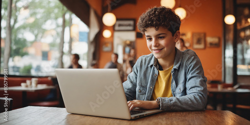 Teenage boy using laptop at evening in cafe. A young boy sitting in front of a laptop computer looking at the camera with a sly smile on his face. photo