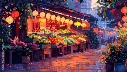Depiction of a delicious Moo Ping dish amidst a vibrant market scene photo