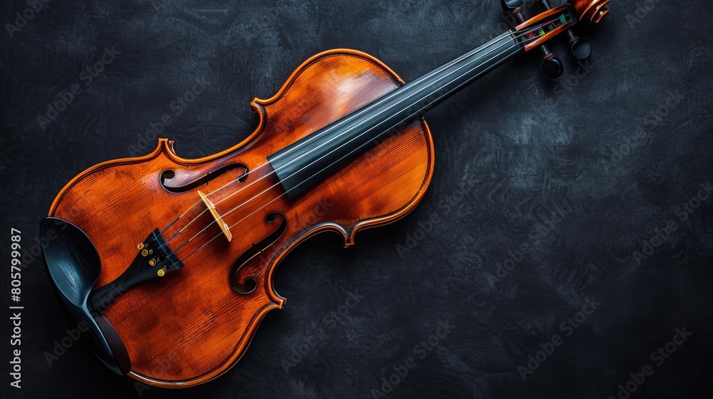 Fototapeta premium A violin on a black surface against a black background