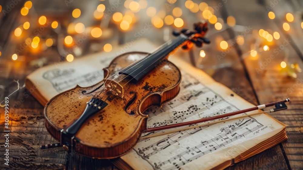 © Mikus - A violin atop an open book, adjacent to a row of stringed musical instruments on a wooden table