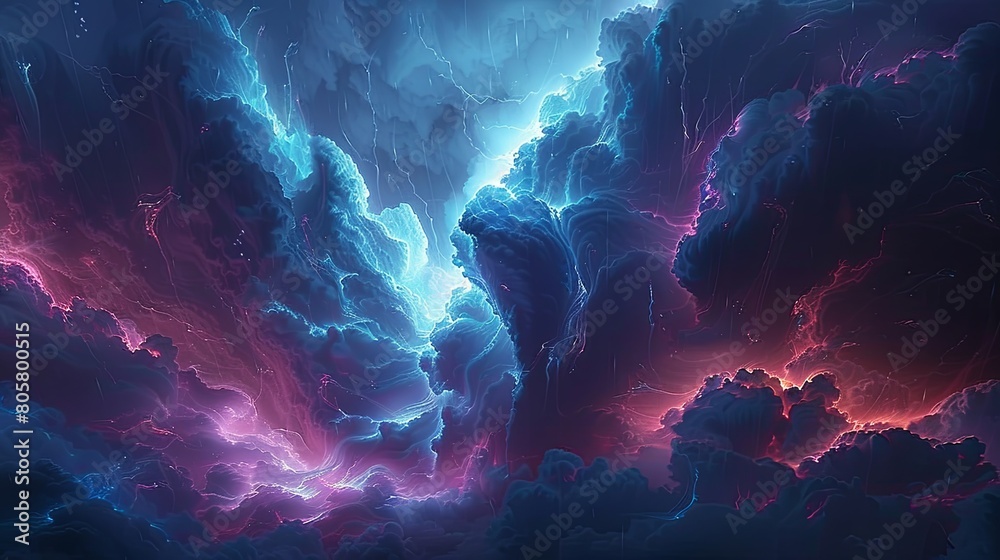 Epic digital storm clouds with vibrant blue and deep purple hues, electrified by striking bolts of lightning, evoking a powerful natural phenomenon.