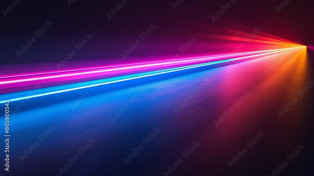 Dynamic perspective of parallel neon light stripes racing across a dark surface, glowing intensely in pink, blue, and red hues.