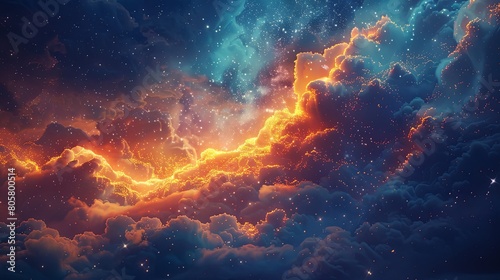 Dramatic cosmic cloudscape with fiery orange and tranquil blue hues, blending the boundaries between a starry sky and celestial clouds. photo