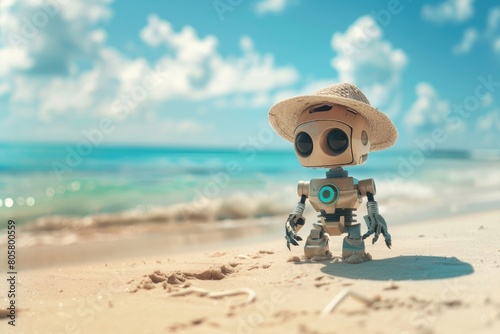 Cute little robot in the beach, vacation concept wearing hat