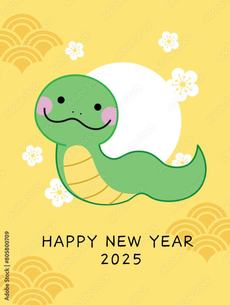 Fototapeta premium Chinese new year of the snake cute cartoon drawing. Happy lunar new year 2025 greeting card with cartoon zodiac snake.